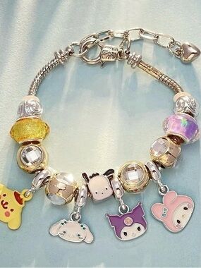 Kids Sanrio Silver Charm Bracelet with Pink, Purple & Yellow Enamel Characters